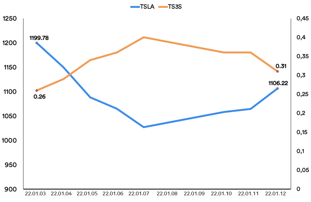 주가 변동에 따른 TSLA, TS3S 비교