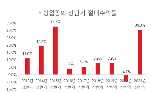 소형업종의 2013년 이후 매년 상반기 절대 수익률